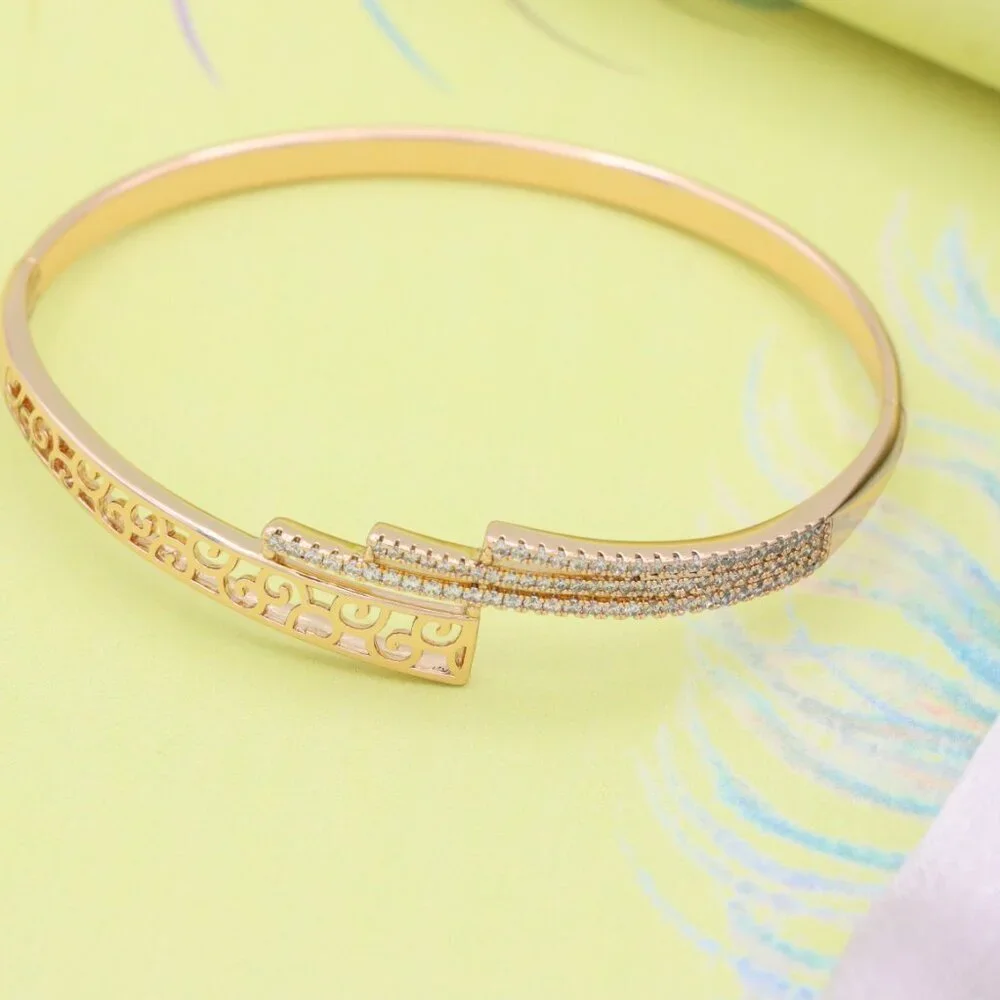 Rose Gold Bangle with Cutout Scroll Design and Triple Row Stones, XPBL0526 - Picture 2 of 12